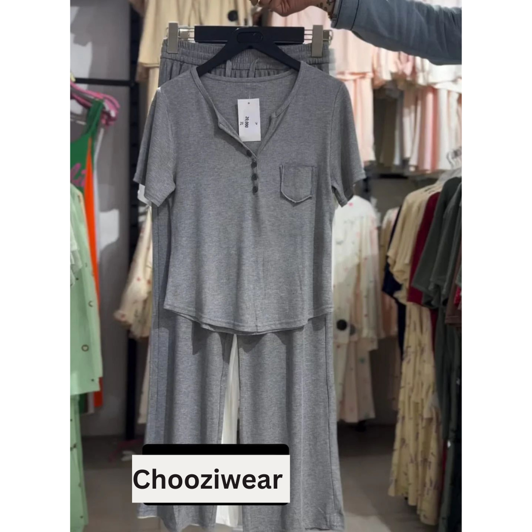 CH-538 2 Pcs Button Casual Top With Straight Trouser