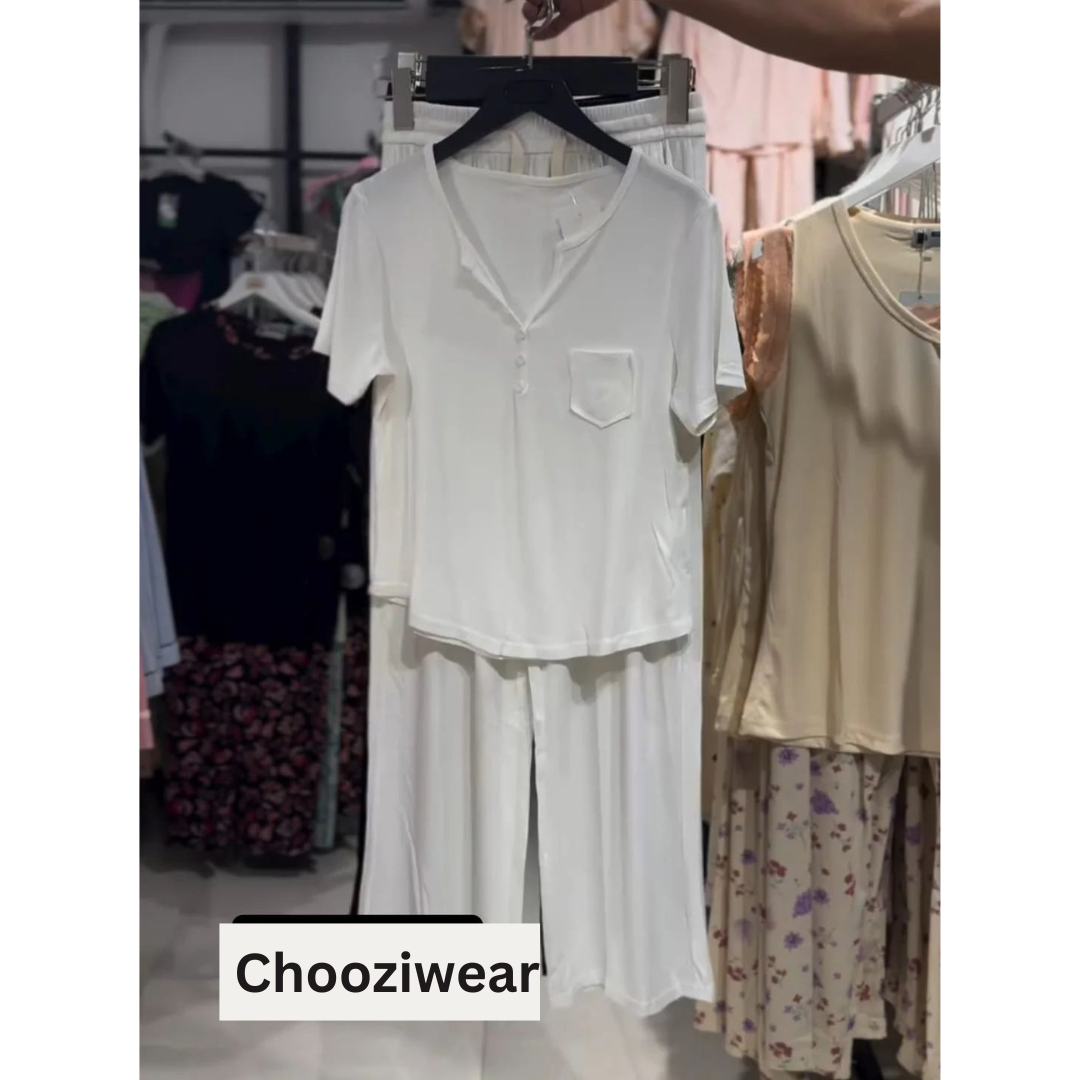 CH-538 2 Pcs Button Casual Top With Straight Trouser