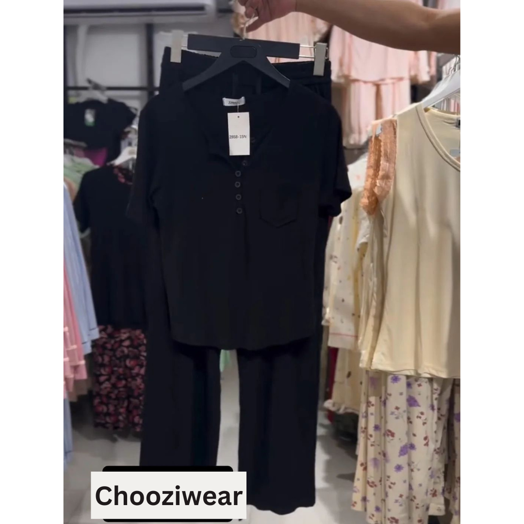 CH-538 2 Pcs Button Casual Top With Straight Trouser