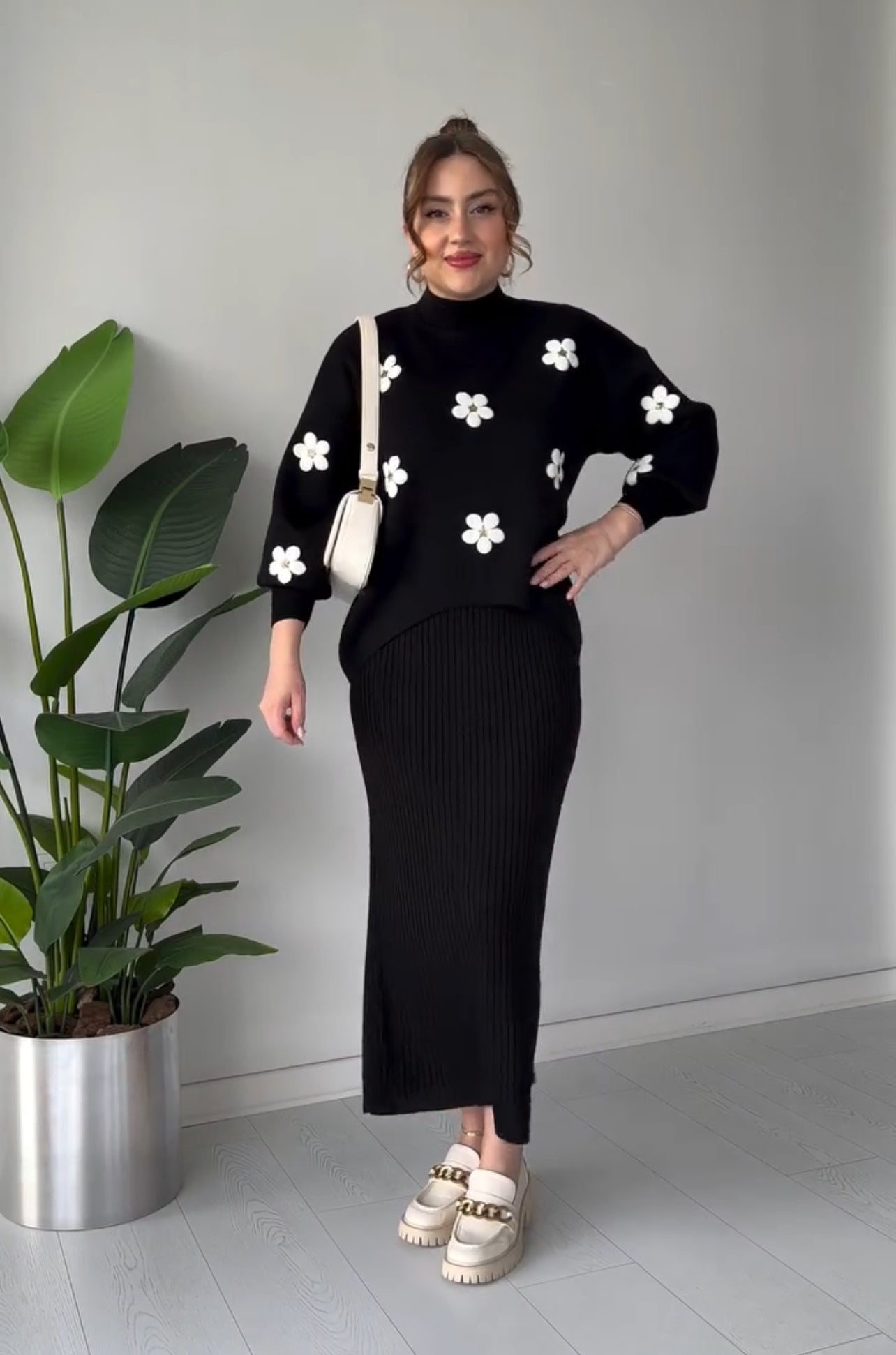 CH 483 Flowers Printed Stretchable Ribbed Fleece Dress
