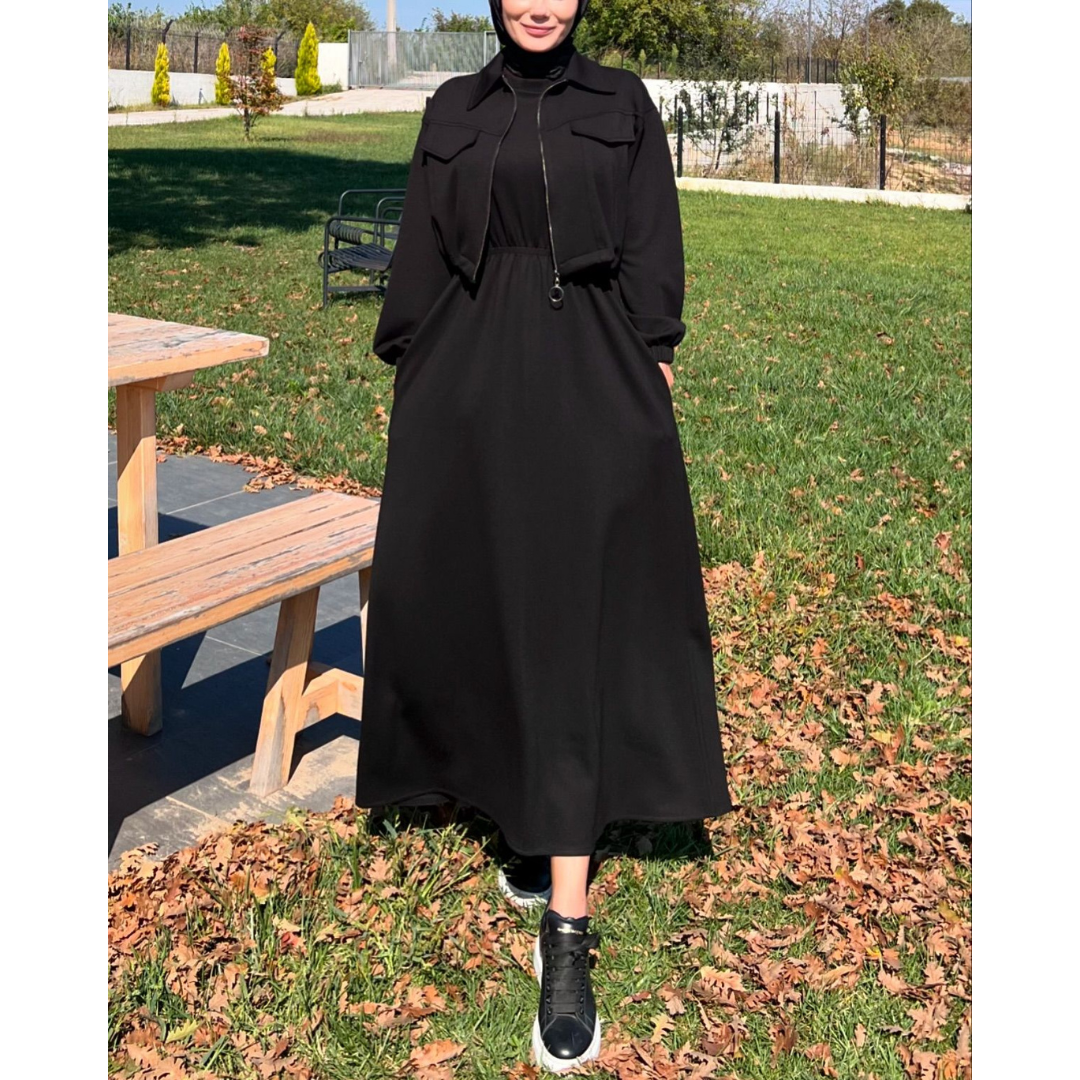 CH 499 2 Pcs Winter Outfit Long Frock With Upper Fleece Jacket