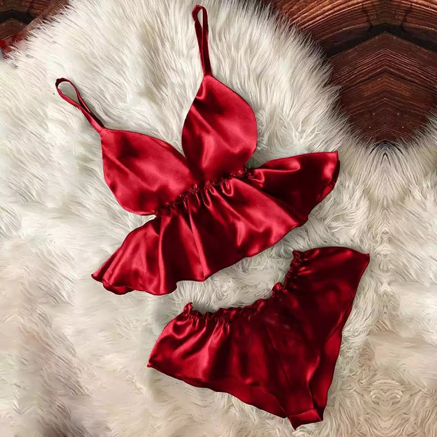 WOMEN V-NECK EYELASH CAMI BOWKNOT SHORTS SET MS # P46