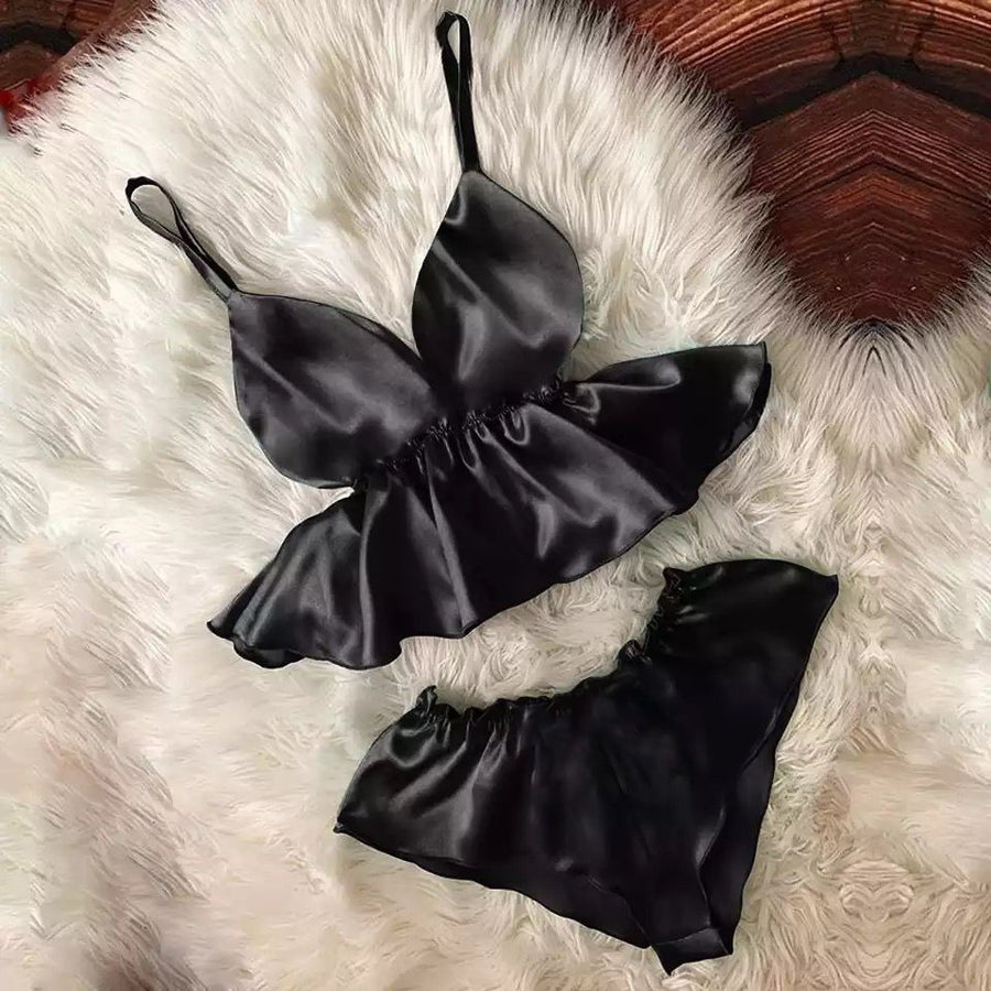 WOMEN V-NECK EYELASH CAMI BOWKNOT SHORTS SET MS # P46