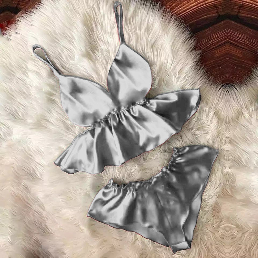 WOMEN V-NECK EYELASH CAMI BOWKNOT SHORTS SET MS # P46