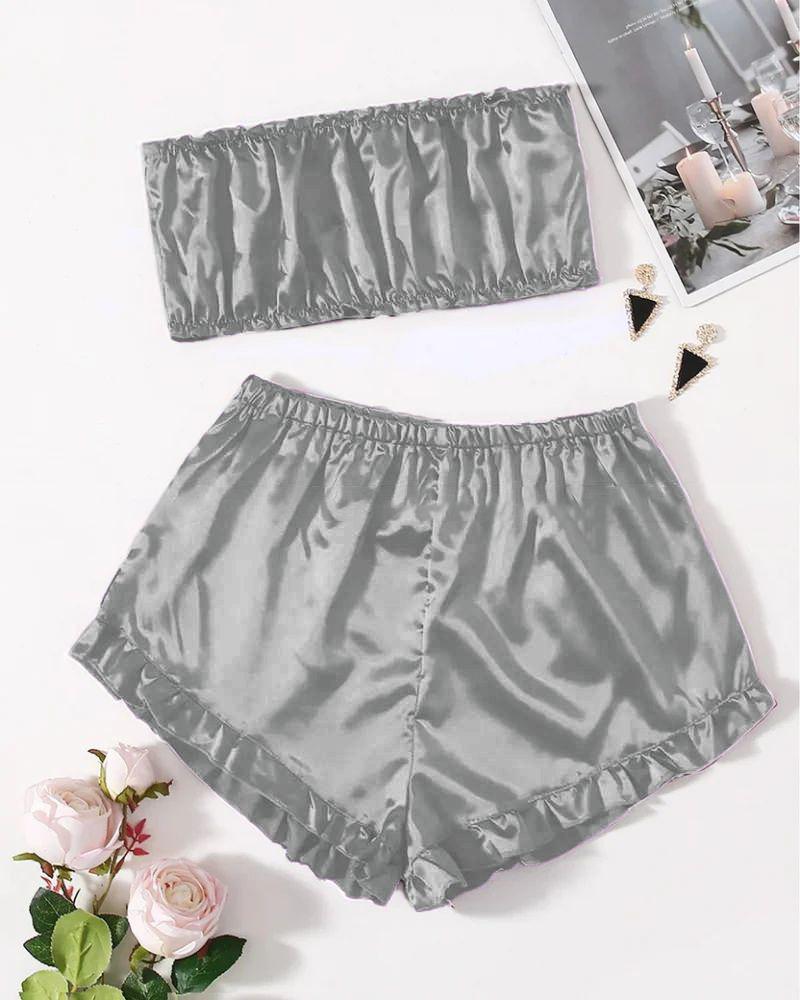 SATIN FRILL TRIM TUBE TOP & SHORTS PJ SET MS # P48