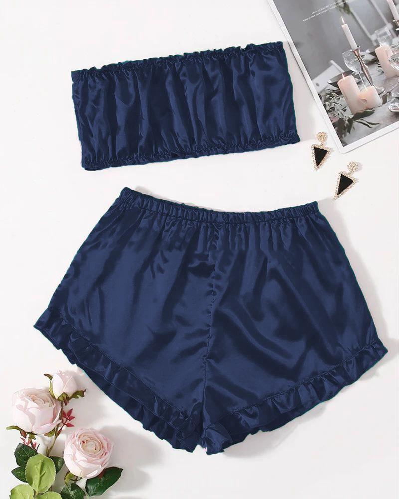 SATIN FRILL TRIM TUBE TOP & SHORTS PJ SET MS # P48