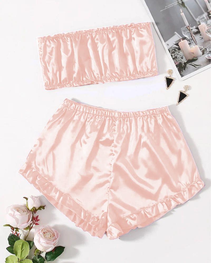 SATIN FRILL TRIM TUBE TOP & SHORTS PJ SET MS # P48