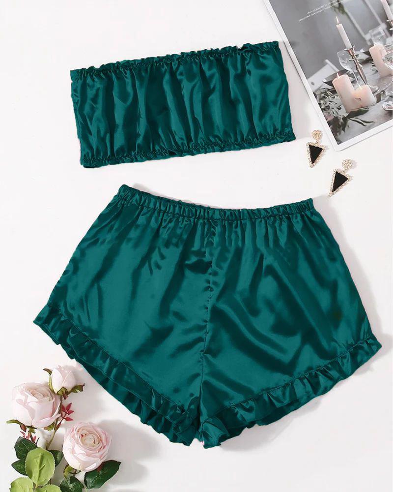 SATIN FRILL TRIM TUBE TOP & SHORTS PJ SET MS # P48