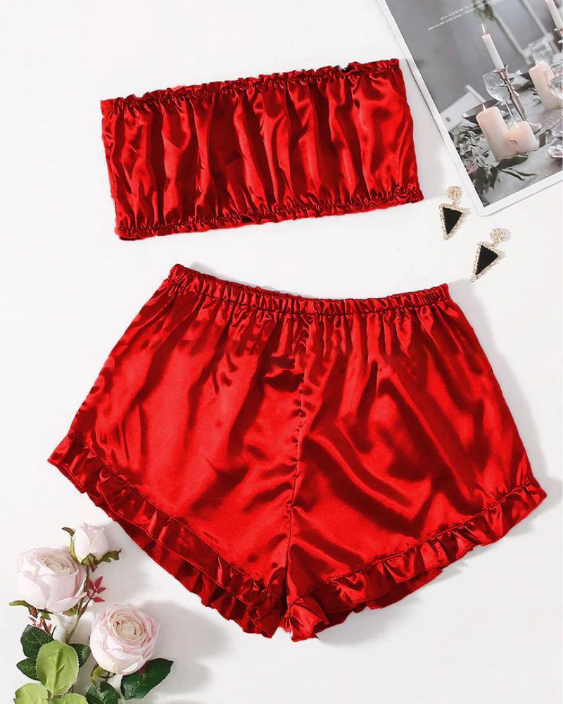 SATIN FRILL TRIM TUBE TOP & SHORTS PJ SET MS # P48