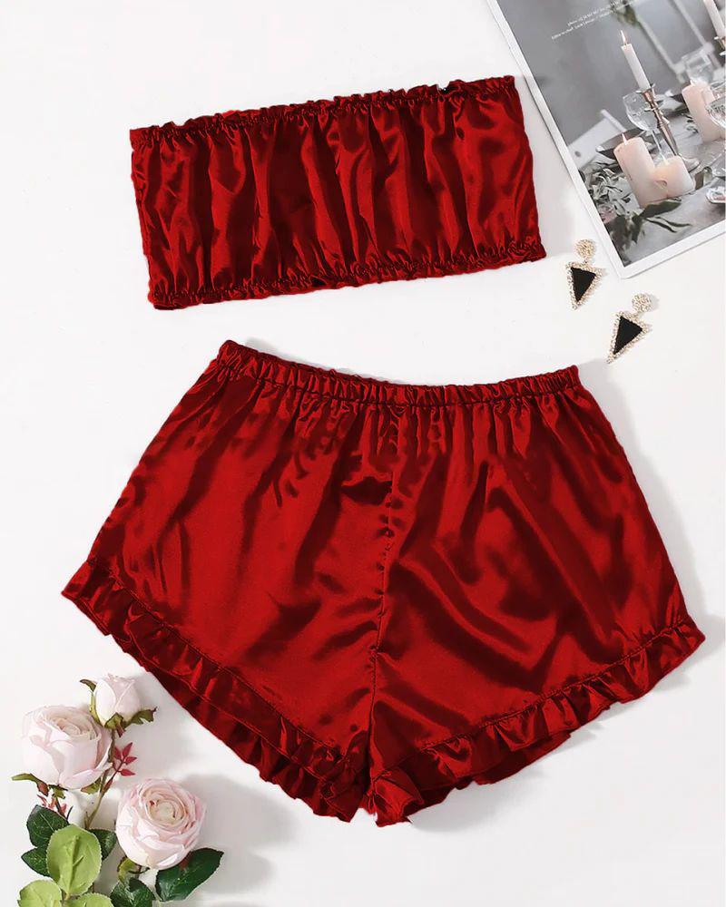 SATIN FRILL TRIM TUBE TOP & SHORTS PJ SET MS # P48
