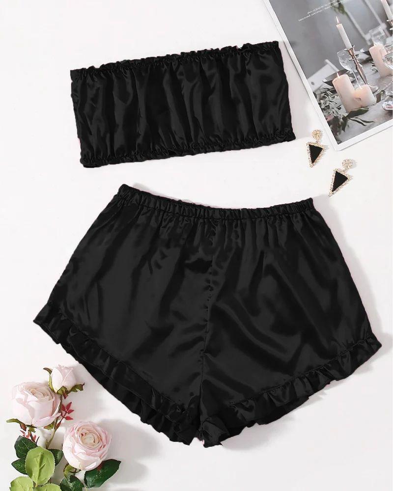 SATIN FRILL TRIM TUBE TOP & SHORTS PJ SET MS # P48