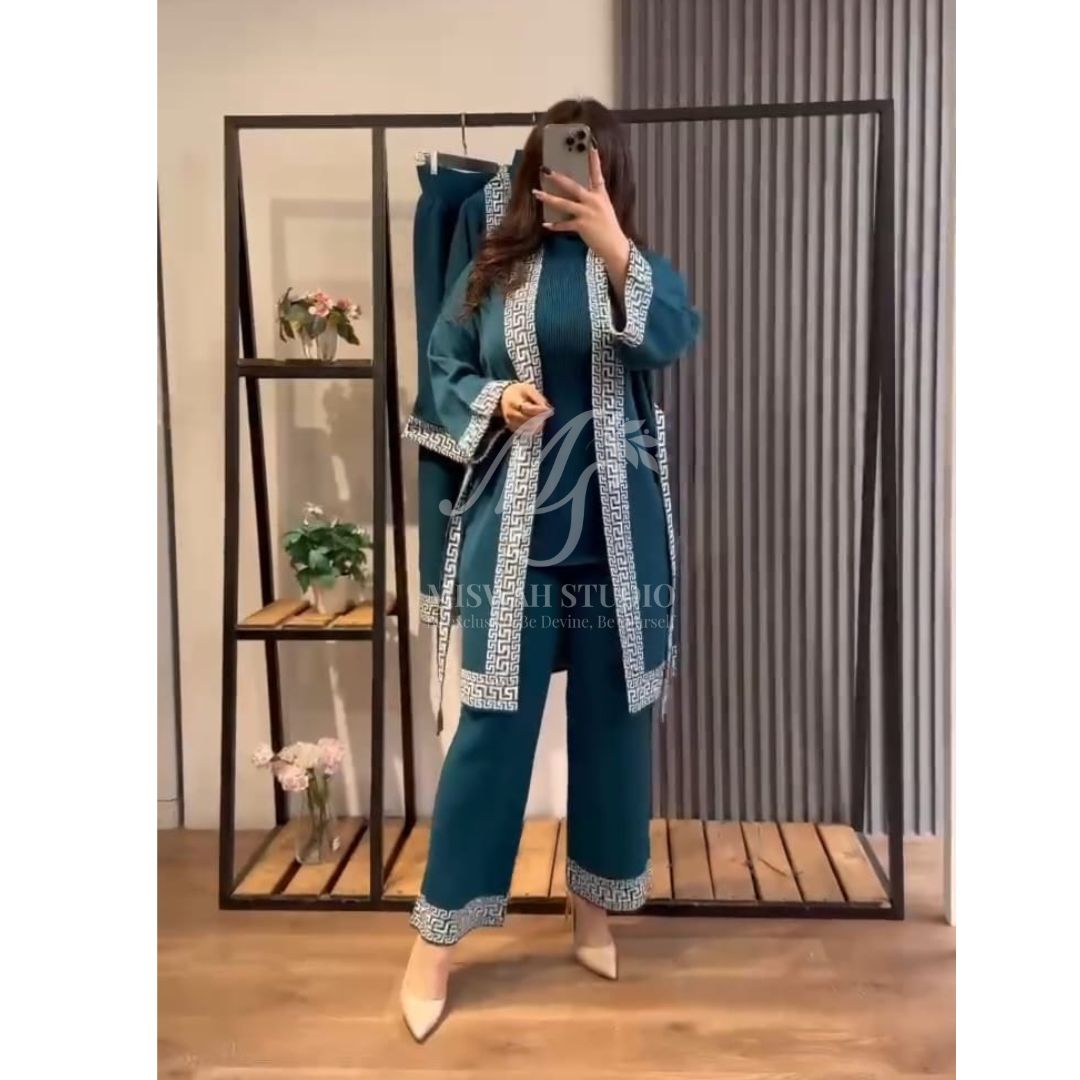 CH # 388 Ready-To-Wear Printed Sides 3 Piece Dress High Neck + Upper + Trouser