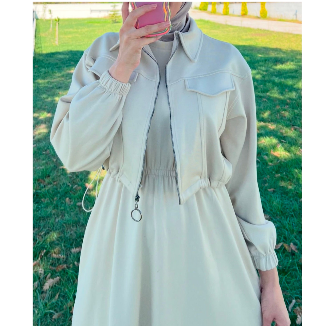 CH 499 2 Pcs Winter Outfit Long Frock With Upper Fleece Jacket