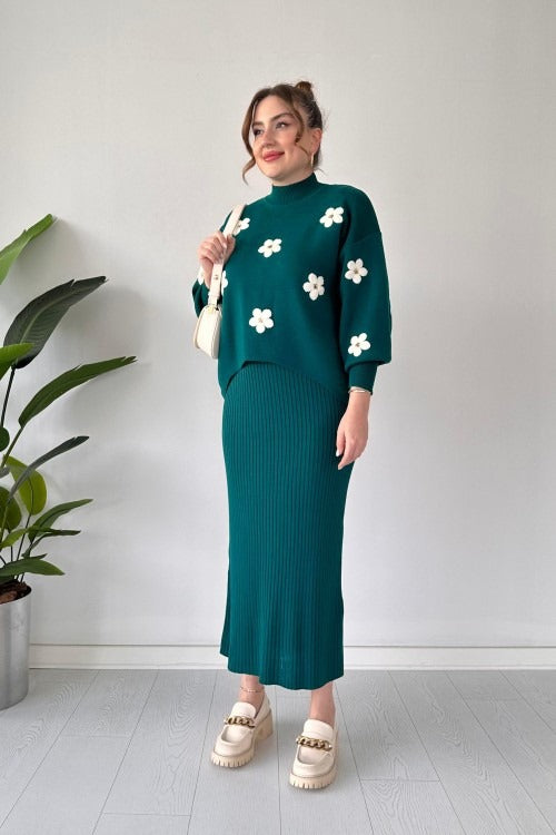 CH 483 Flowers Printed Stretchable Ribbed Fleece Dress