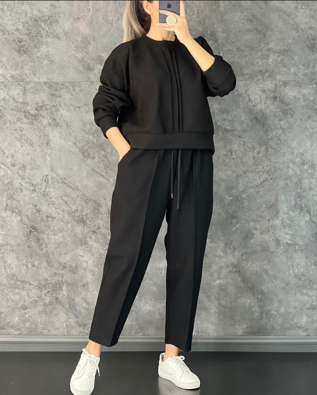 Ch # 381 Winter Fleece Co-Ords: Stylish Black 2-Piece Set With Cocoon Pants And Sweatshirt