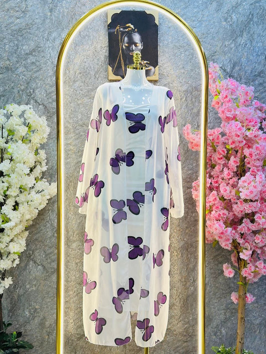 CH 572 - 2 Piece Butterfly Printed Long Gown Dress