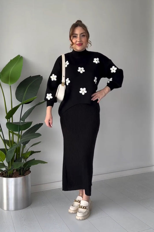 CH 483 Flowers Printed Stretchable Ribbed Fleece Dress