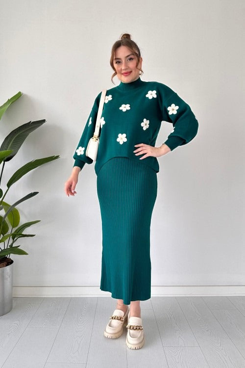 CH 483 Flowers Printed Stretchable Ribbed Fleece Dress